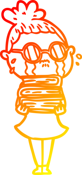 Bir insan tarafından çizilmiş gözlüklü, ağlayan bir kadının çizgi film çizimi.