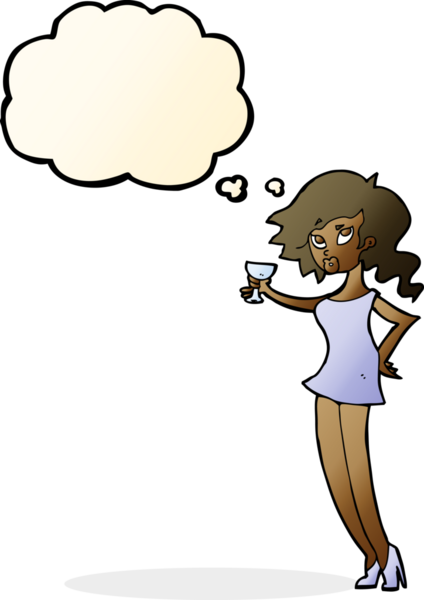 Bir insan tarafından çizilmiş düşünce baloncuğuyla partideki karikatür kadın.