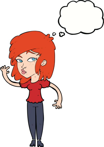 Bir insan tarafından çizilmiş düşünce baloncuğuyla el sallayan güzel bir kadın.