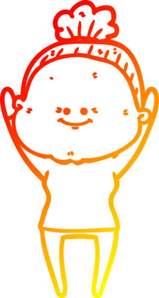 Bir insan tarafından çizilmiş mutlu, yaşlı bir kadının sıcak çizgi çizimi.