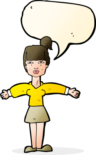 Bir insan tarafından çizilmiş konuşma baloncuğuyla omuz silken çizgi film kadını.