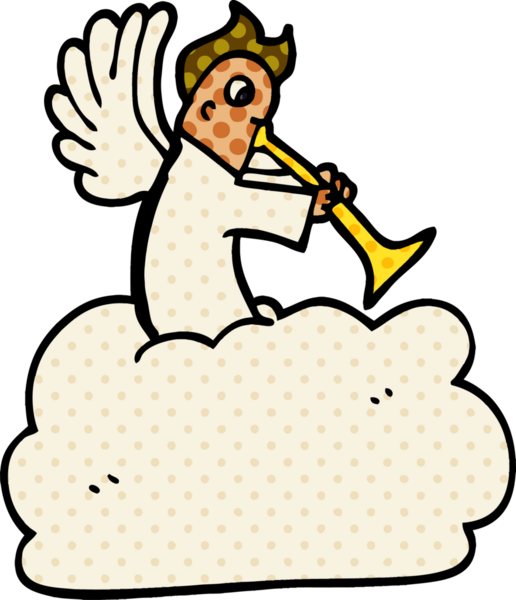 Bir insan tarafından çizilmiş trompetle bulutların üzerindeki karalama meleği.