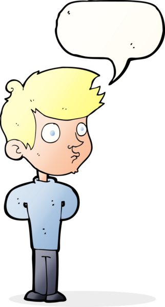 Bir insan tarafından çizilmiş konuşma balonuyla bakan çizgi film çocuğu.