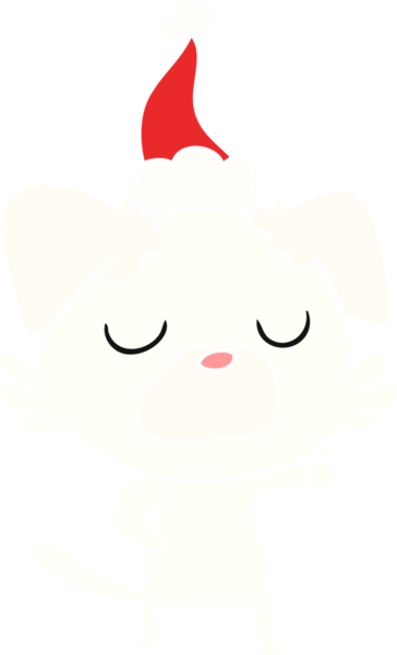 Bir insan tarafından çizilmiş Noel Baba şapkası takan bir köpeğin düz renkli çizimi.