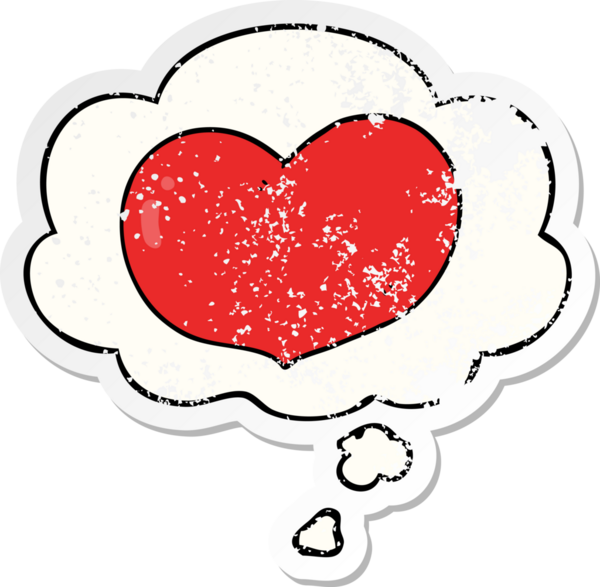 İnsan tarafından çizilmiş yıpranmış bir çıkartma gibi düşünce baloncuklu çizgi film aşk kalbi.