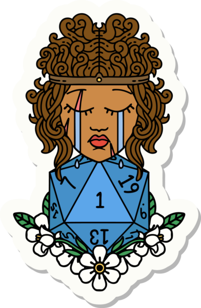 Bir insan tarafından çizilmiş doğal bir d20 rulo ile ağlayan bir insan barbarının çıkartması.