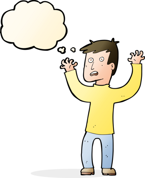Bir insan tarafından çizilmiş düşünce baloncuğuyla dehşete düşmüş bir adam.