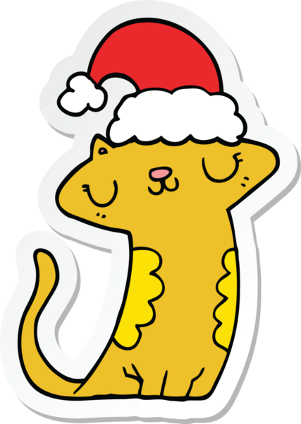 Bir insan tarafından çizilmiş Noel şapkası takan sevimli bir çizgi film kedisinin çıkartması.