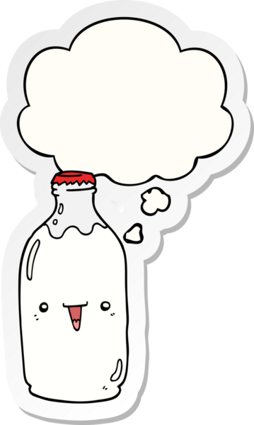 Düşünce baloncuklu tatlı süt şişesi insan tarafından çizilmiş bir çıkartma.