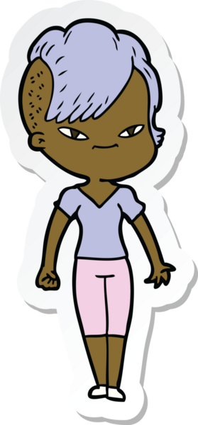 Hipster saç kesimi bir insan tarafından çizilmiş şirin bir çizgi film kızına ait etiket.