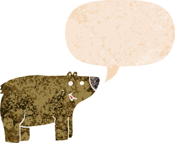 Bir insan tarafından çizilmiş grunge sıkıntılı retro biçimli konuşma balonu ile çizgi film ayısı