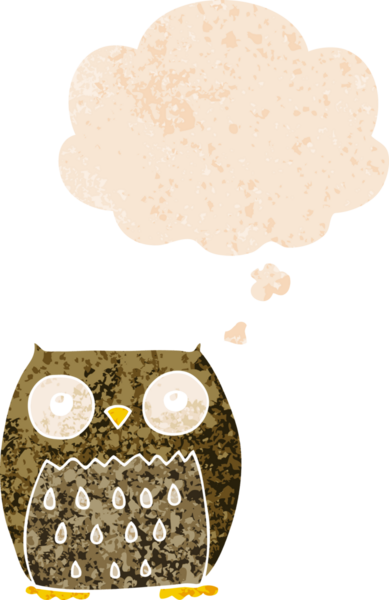 bir insan tarafından çizilmiş grunge sıkıntılı retro desenli düşünce baloncuğu ile çizgi film baykuşu