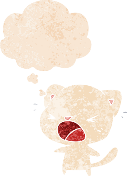 Düşünce baloncuğuyla ağlayan çizgi film kedisi bir insan tarafından çizilmiş dertli retro stili.