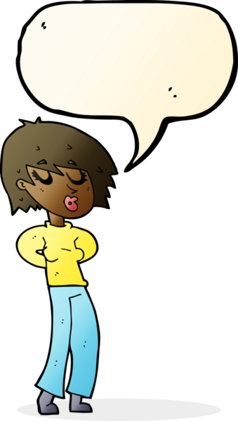 Bir insan tarafından çizilmiş konuşma balonuyla ıslık çalan karikatür kadın.