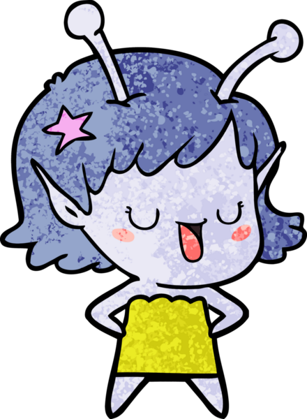 Bir insan tarafından çizilmiş mutlu uzaylı kız çizgi filmi.