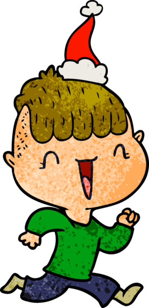 Bir insan tarafından çizilmiş Noel Baba şapkası giymiş mutlu bir çocuğun el çizimi karikatürü.