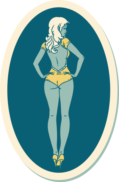 Geleneksel stil dövme çıkartması. Bir insan tarafından çizilmiş mayo kız resmi.