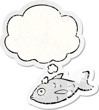 Düşünce baloncuklu karikatür balığı insan tarafından çizilmiş yıpranmış bir çıkartma gibi.