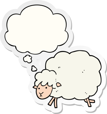 İnsan tarafından çizilmiş bir çıkartma olarak düşünce baloncuğu olan çizgi film koyunu.