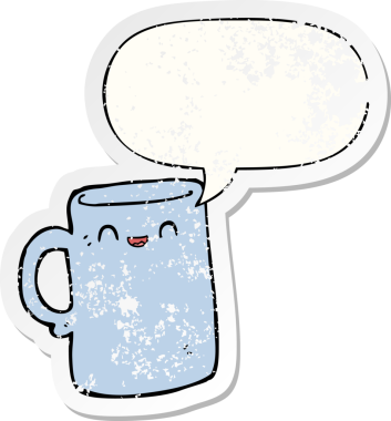 Bir insan tarafından çizilmiş, sıkıntılı, eski bir çıkartma, konuşma balonlu çizgi film kupası.