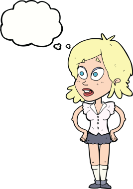 Bir insan tarafından çizilmiş düşünce baloncuğu olan elleri kalçasında çizgi film kadını.