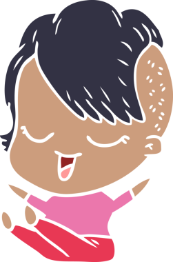 Bir insan tarafından çizilmiş mutlu düz renkli çizgi film kızı.