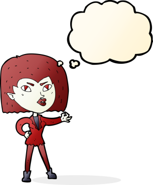 Bir insan tarafından çizilmiş düşünce balonlu vampir kız.