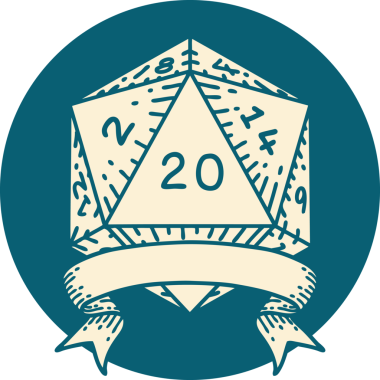 Retro Dövme Biçimi Doğal 20 kritik vuruş D20 zar bir insan tarafından çizildi