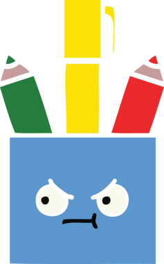 Bir insan tarafından çizilmiş bir kalem tenceresinin düz renkli retro karikatürü