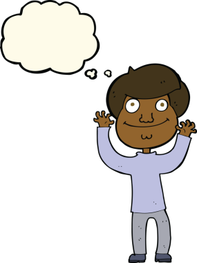 Bir insan tarafından çizilmiş düşünce balonu olan mutlu çocuk çizgi filmi.