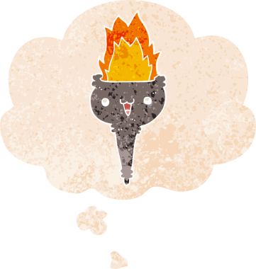 Düşünce baloncuğu olan çizgi film alevli kadeh grunge sıkıntılı retro dokuma tarzı bir insan tarafından çizilmiş