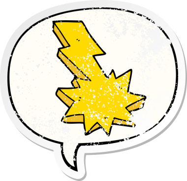 Karikatür yıldırımı, konuşma baloncuğuyla vuruyor. Bir insan tarafından çizilmiş sıkıntılı eski bir çıkartma.