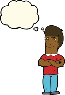 Bir insan tarafından çizilmiş düşünce baloncuğuyla kollarını kavuşturmuş, rahatsız bir adam.