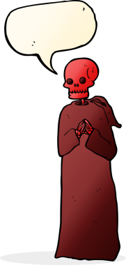 Bir insan tarafından çizilmiş konuşma baloncuğu olan cüppeli ürkütücü bir iskelet.