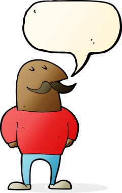 bir insan tarafından çizilmiş konuşma balonlu bıyıklı kel bir adam.