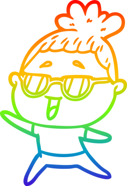 Bir insan tarafından çizilmiş gözlük takan mutlu bir kadının çizgi çizimi.