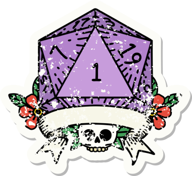 Bir insan tarafından çizilmiş doğal bir d20 zarının grunge çıkartması.