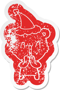 Mutlu ayı çizgi filmi, insan tarafından çizilmiş Noel Baba şapkası etiketi.