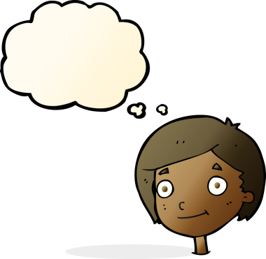 Bir insan tarafından çizilmiş düşünce balonu olan mutlu çocuk çizgi filmi.