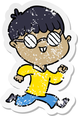 Bir insan tarafından çizilmiş gözlük takan çizgi film karakterinin sıkıntılı çıkartması.