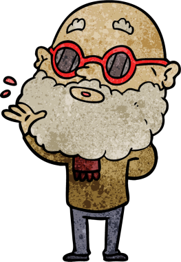 Bir insan tarafından çizilmiş sakallı ve güneş gözlüklü meraklı bir adam.