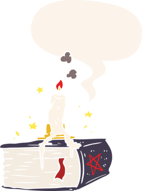 Bir insan tarafından çizilmiş eski tarz konuşma baloncuğu ile mum damlatan ürkütücü çizgi film büyü kitabı.