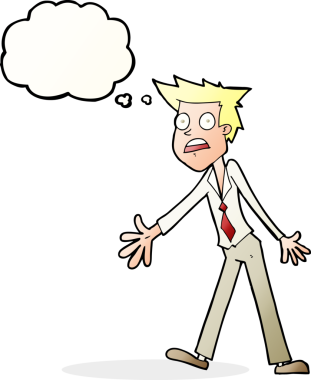 Bir insan tarafından çizilmiş düşünce baloncuğu olan stresli bir adam.