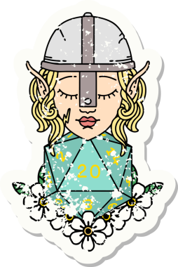 Bir insan tarafından çizilmiş 20 zarlı bir elf dövüşçüsünün grunge sticker 'ı