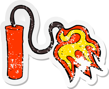 Bir insan tarafından çizilen yanan bir karikatür dinamiti etiketi.