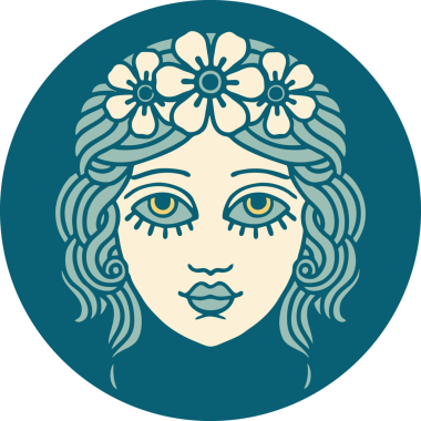 Bir insan tarafından çizilmiş çiçek desenli ikonik bir kadın yüzü.