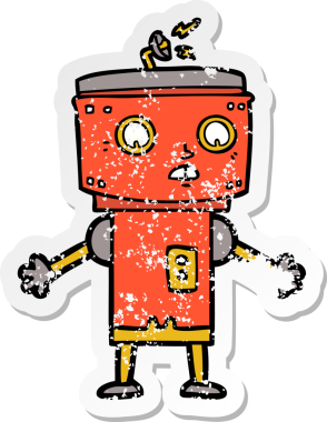 Bir insan tarafından çizilmiş karikatür robotunun sıkıntılı çıkartması.
