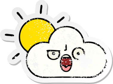 Tatlı bir çizgi film güneşinin sıkıntılı çıkartması ve bir insan tarafından çizilmiş bulut.