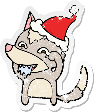 Bir insan tarafından çizilmiş Noel Baba şapkası giymiş aç bir kurt resmi.