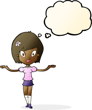 Bir insan tarafından çizilen düşünce baloncuğuyla dengeleyici bir jest yapan çizgi film kadını.